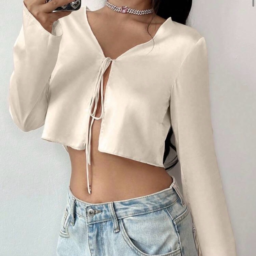 Cream Tie-Front Crop Top
